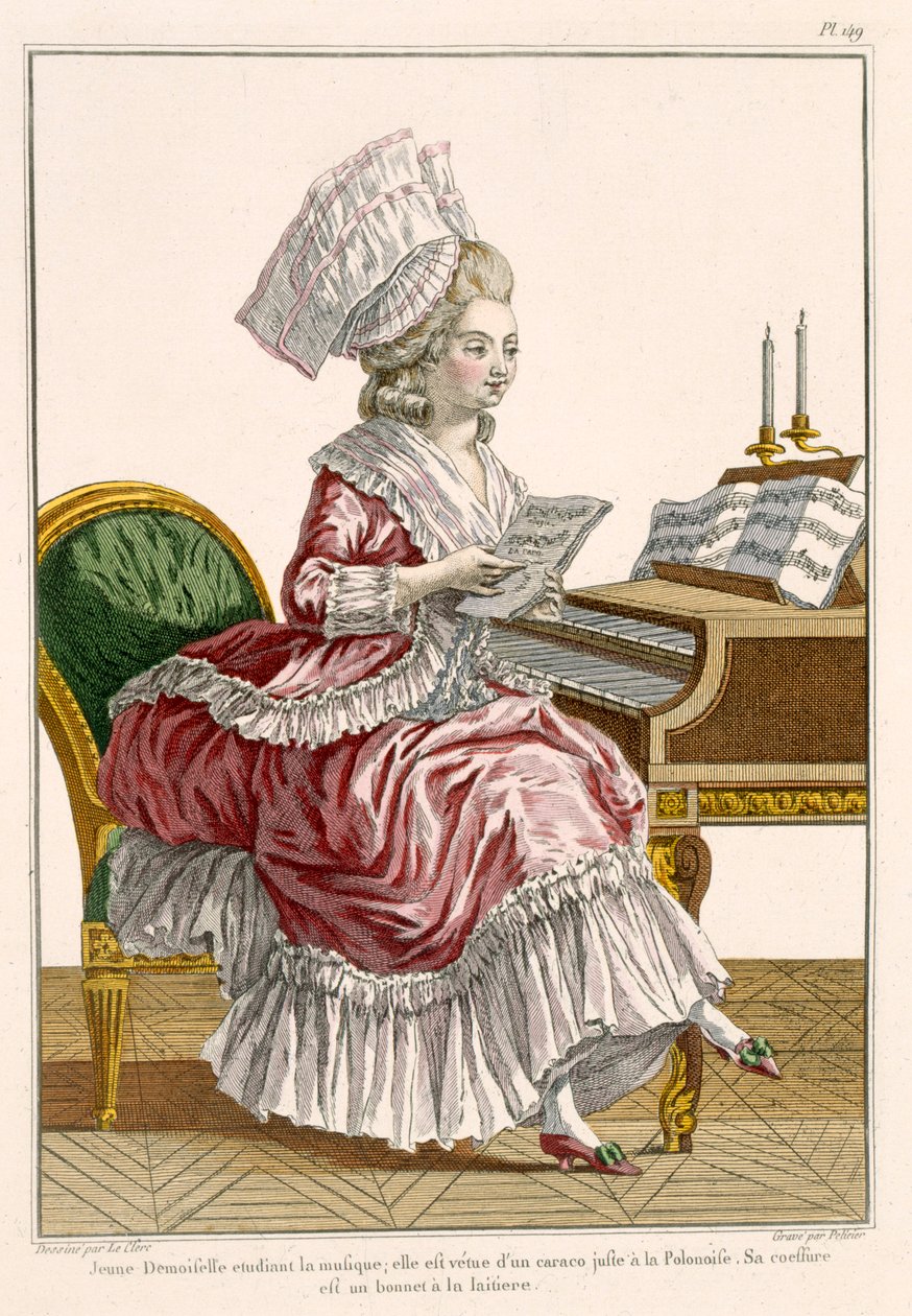 Nuori nainen, joka opiskelee musiikkia cembalossaan, levy 149 Galerie des Modes et Costumes Francais