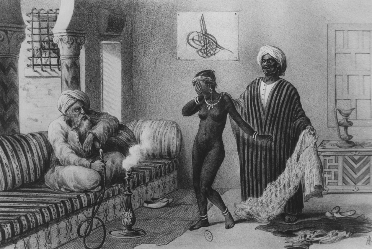 Nuori tyttö Timbuktoosta, jota orjamestari tarjosi Tripolissa vuonna 1854, teoksesta "Voyages au Soudan et dans L"Afrique Septentrionale", kaiverrus A. Adam, 1850 tekijältä Pierre Tremaux