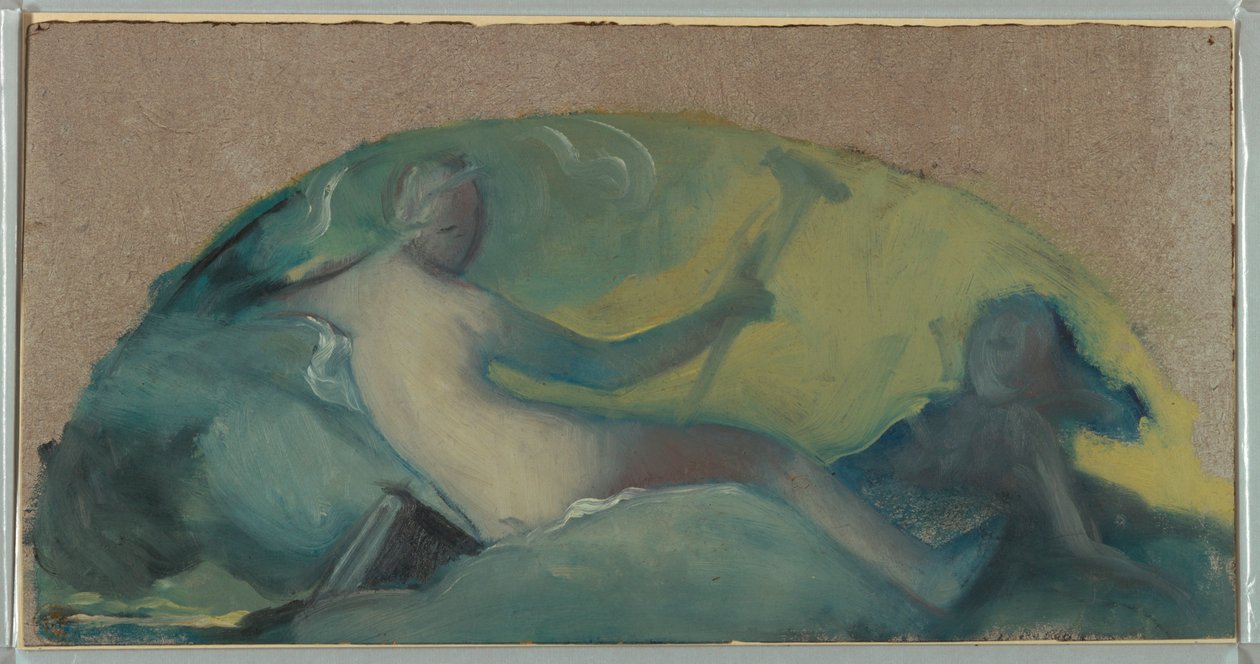 Piirustus, Tutkimus tympanumia varten, jossa on makuuasennossa oleva hahmo, 1800-luvun loppupuoli tekijältä Pierre Victor Galland