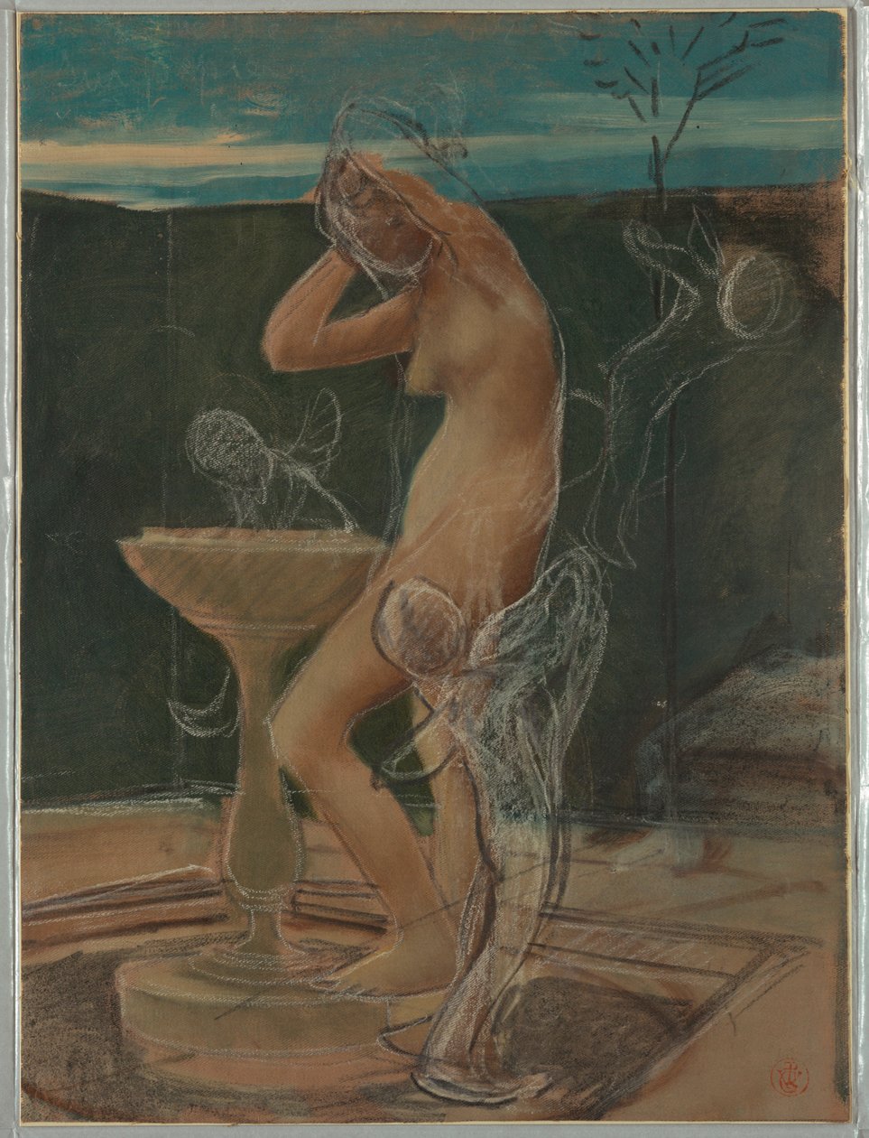 Piirros, Naisen tutkimus kylvyssä, 1800-luvun loppupuoli tekijältä Pierre Victor Galland