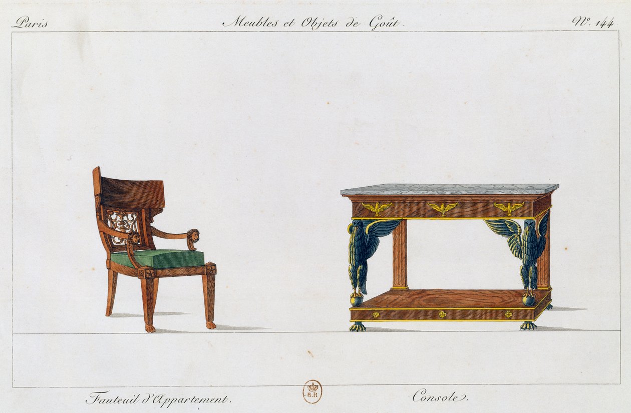 Huoneiston nojatuoli ja konsoli, levy 144, kuvitus Collection de meubles et objects de gout -kokoelmasta (Kokoelma huonekaluja ja makuesineitä) tekijältä Pierre de La Mesangere