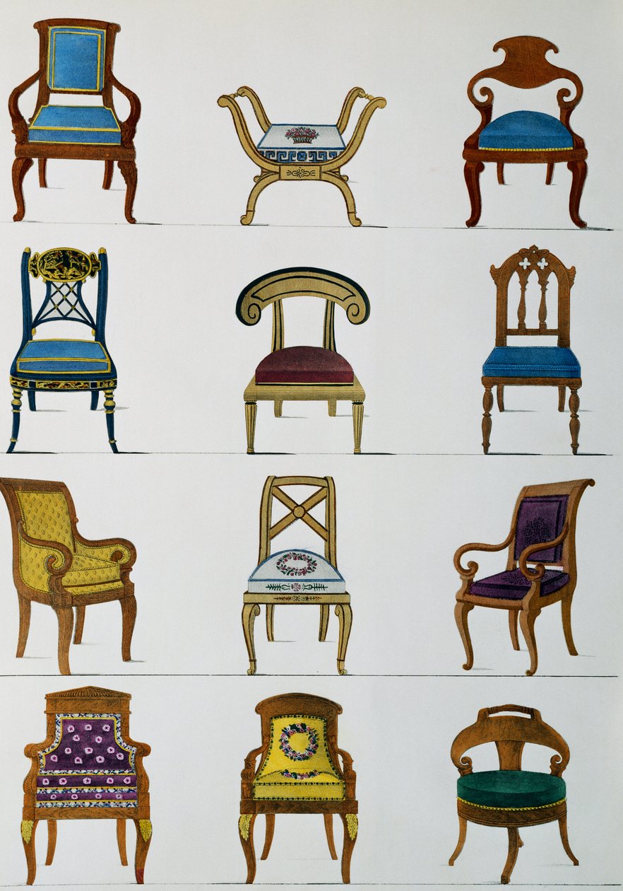 Nojatuolit, tuolit ja jalustat, kuvitus Collection de meubles et objects de gout -kokoelmasta (Kaluste- ja makuesineiden kokoelma) tekijältä Pierre de La Mesangere