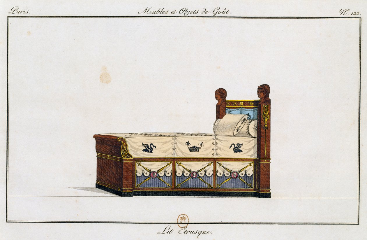 Etruskien sänky, lautanen 122, kuva Collection de meubles et objects de gout -kokoelmasta (Kokoelma huonekaluja ja makuesineitä) tekijältä Pierre de La Mesangere
