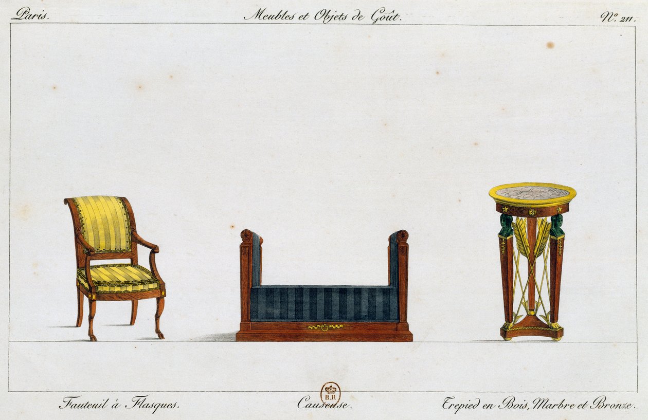 Laipallinen nojatuoli, loveseat ja kolmijalkainen pöytä, lautanen 211, kuvitus Collection de meubles et objects de gout -kokoelmasta (Kokoelma huonekaluja ja makuesineitä) tekijältä Pierre de La Mesangere