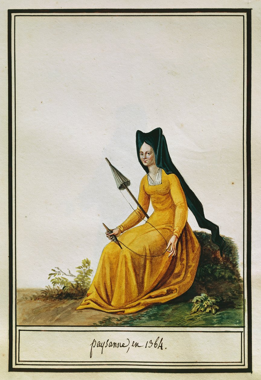 Ranskalainen naisviljelijä kehrää, Pierre Antoine Leboux de La Mesangere (1761-1831), akvarelli tekijältä Pierre de La Mesangere