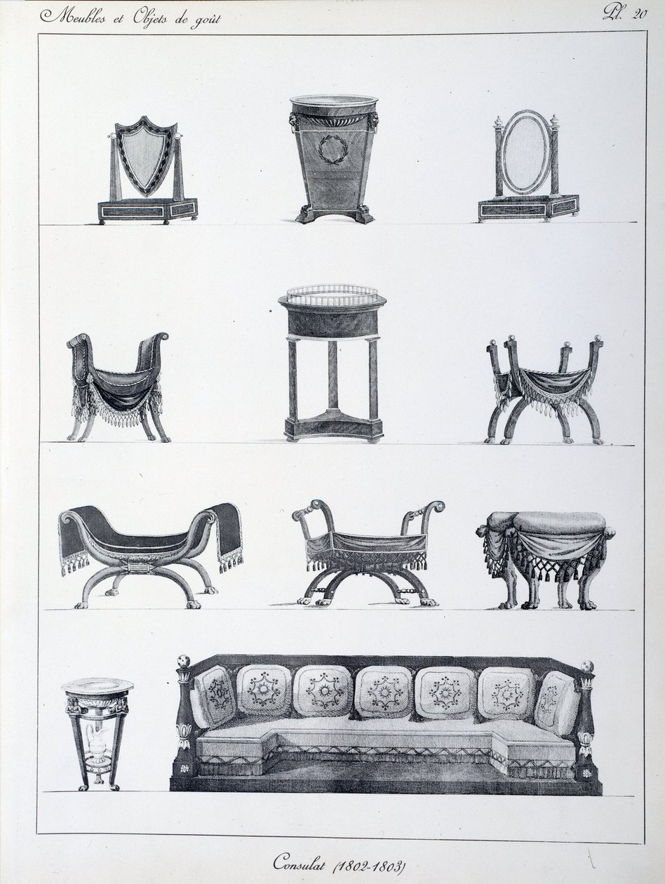 Aikakauden konsulaatin kalusteet (1802-1803). Levy otettu Pierre de la Mesangeren (1761-1831) kokoelmasta "" Collection de mobilier et objets de taste"". Pariisi. Koriste taide tekijältä Pierre de La Mesangere