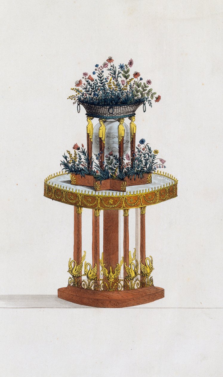Mahonki- ja pronssikukkateline, lautanen 287, kuvitus Collection de meubles et objects de gout -kokoelmasta (Kokoelma huonekaluja ja makuesineitä) tekijältä Pierre de La Mesangere