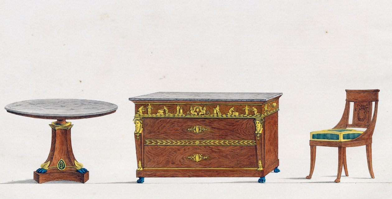 Mahonkipöytä, lipasto ja tuoli, lautanen 241, kuvitus Collection de meubles et objects de gout -kokoelmasta (Kokoelma huonekaluja ja makuesineitä) tekijältä Pierre de La Mesangere
