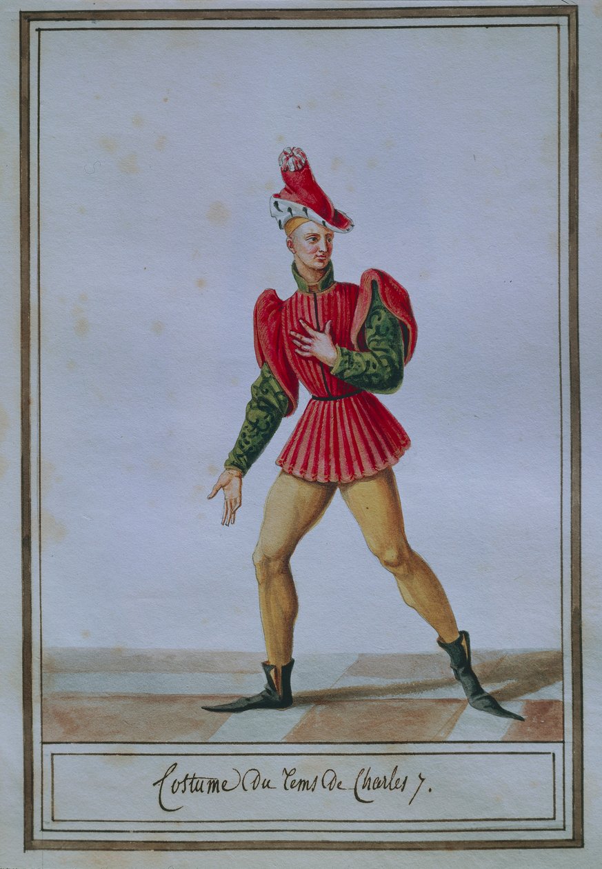 Miesten muotilevy, joka kuvaa Charles VII:n (1403-1461) ajan pukua, Pierre Antoine Leboux de La Mesangere (1761-1831), akvarelli tekijältä Pierre de La Mesangere