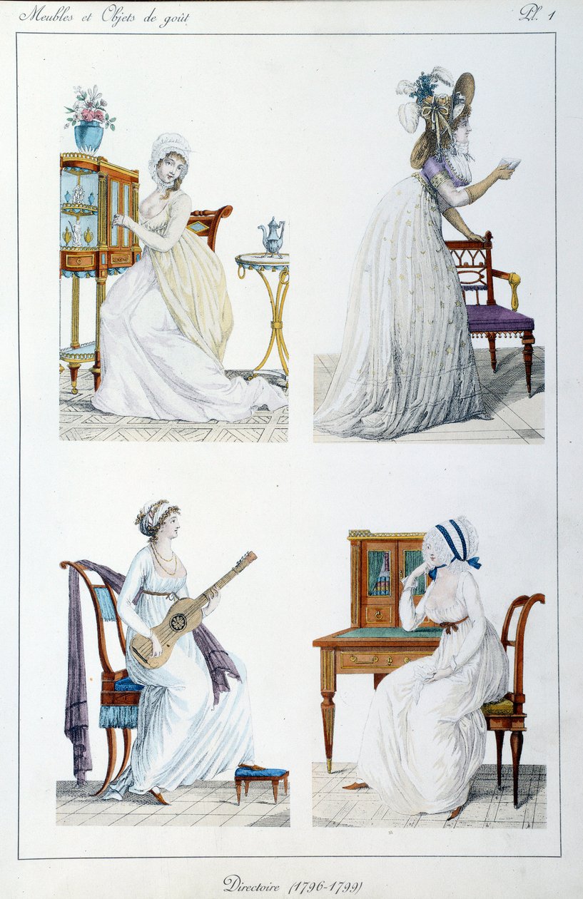 Muotokuvia aikakauden naisista Johtokunta osallistui erilaisiin taiteellisiin ja sosiaalisiin toimiin. Levy otettu Pierre de la Mesangeren (1761-1831) kokoelmasta "" Collection de meubles et objets de taste"". 1802. Pariisi. Koriste taide tekijältä Pierre de La Mesangere