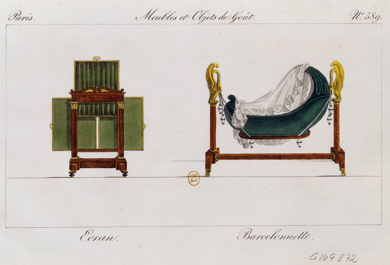 Kuvaruutu ja keinuva kehto, levy 589, kuvitus teoksesta Collection de meubles et objects de gout (Huonekalujen ja makuesineiden kokoelma). tekijältä Pierre de La Mesangere
