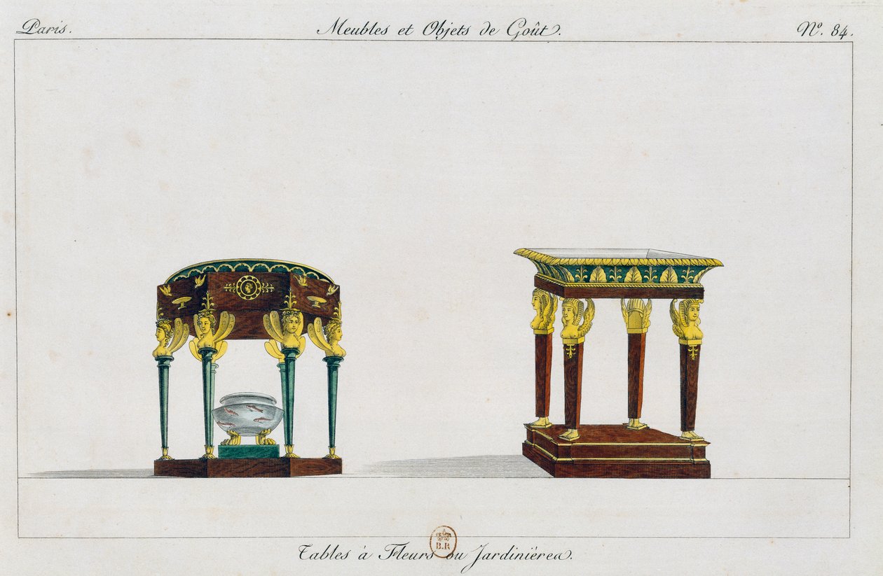 Kukkapöydät tai kukkatelineet, lautanen 84, kuvitus Collection de meubles et objects de gout -kokoelmasta (Kokoelma huonekaluja ja makuesineitä) tekijältä Pierre de La Mesangere