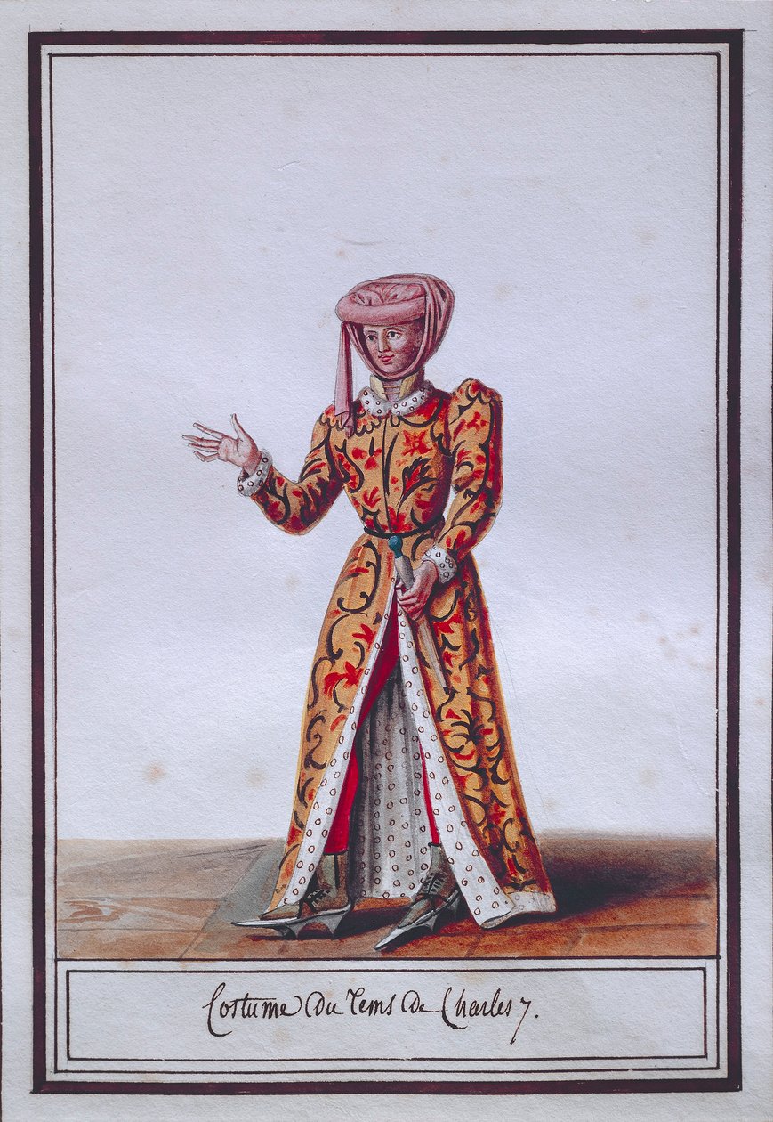 Pierre Antoine Leboux de La Mesangere (1761-1831) Charles VII:n (1403-1461) ajan pukua kuvaava naisten muotilautanen, akvarelli tekijältä Pierre de La Mesangere