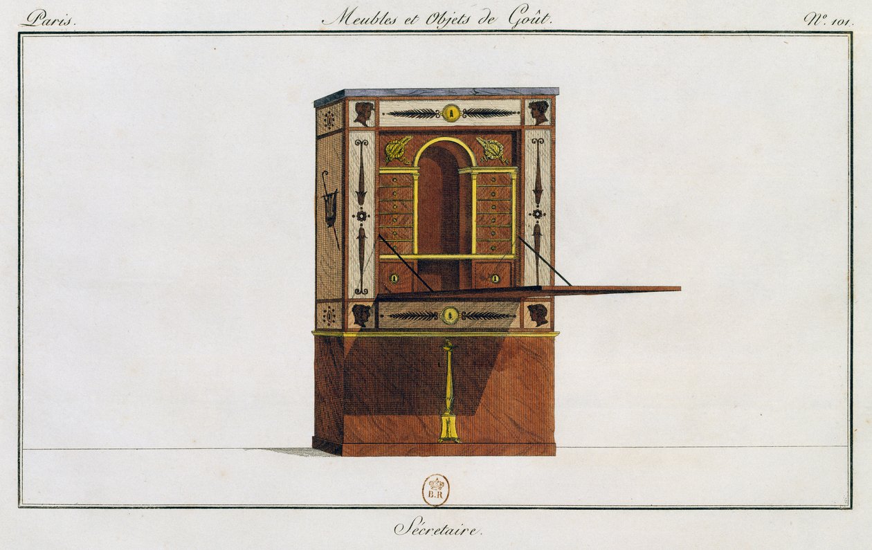 Kirjoituspöytä, lautanen 101, kuvitus Collection de meubles et objects de gout -kokoelmasta (Kokoelma huonekaluja ja makuesineitä) tekijältä Pierre de La Mesangere
