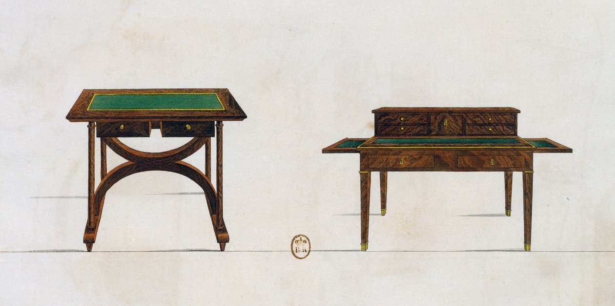 Kirjoituspöytä ja kirjoituspöytä, lautanen 436, kuvitus Collection de meubles et objects de gout -kokoelmasta (Kokoelma huonekaluja ja makuesineitä) tekijältä Pierre de La Mesangere