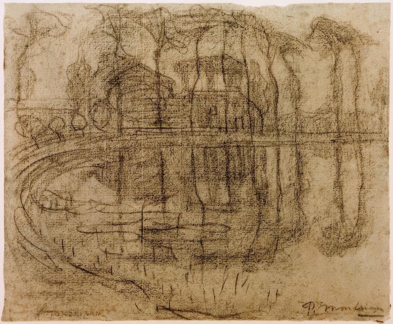 Bauernhaus mit Bäumen am Wasser tekijältä Piet Mondrian