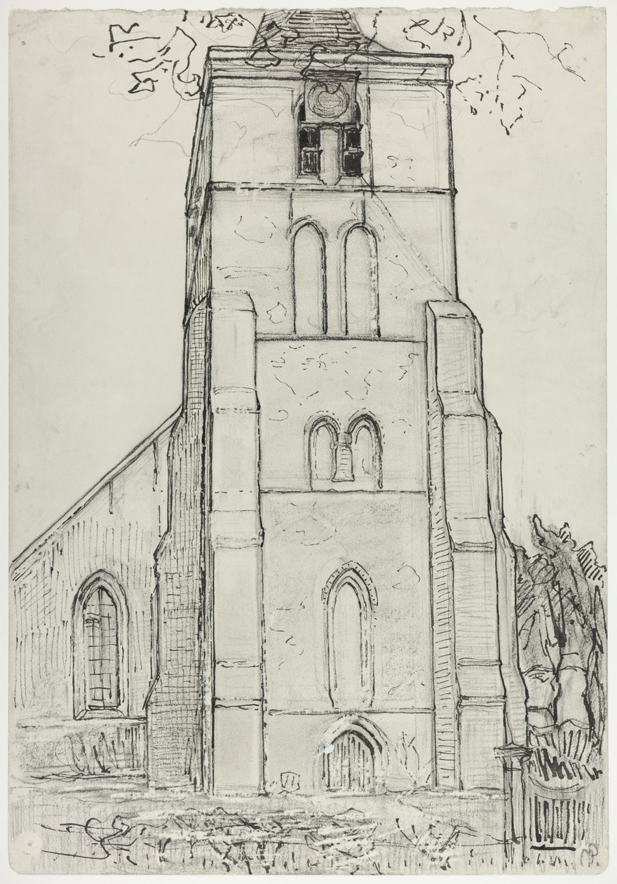 Domburgin kirkkotorni, loppu 1910 - alku 1911 (muste kynällä ja värikynä paperilla) tekijältä Piet Mondrian