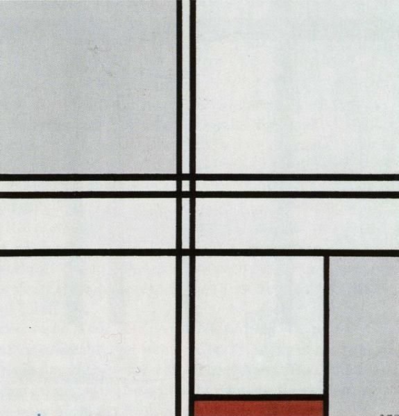 Compositie tapasi rood en grijs tekijältä Piet Mondrian