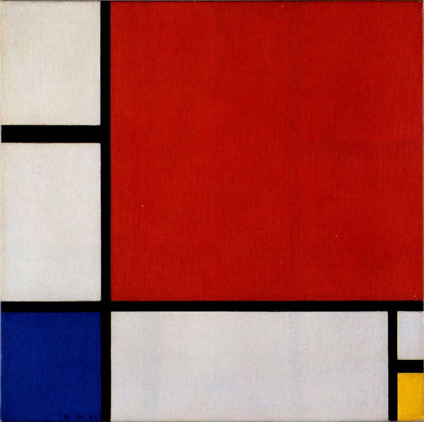 Koostumus II punaisena, sinisenä ja keltaisena tekijältä Piet Mondrian