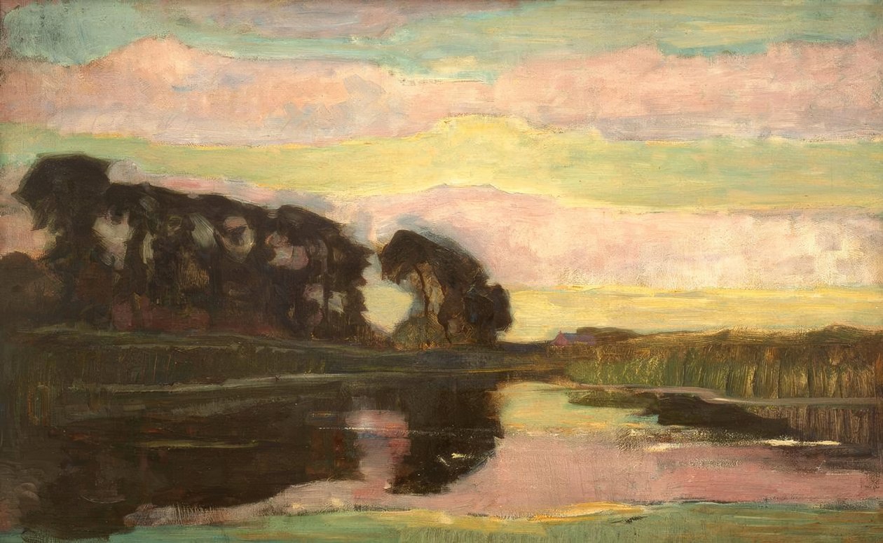 Flußlandschaft mit rosafarbenem und gelbgrünem Himmel tekijältä Piet Mondrian