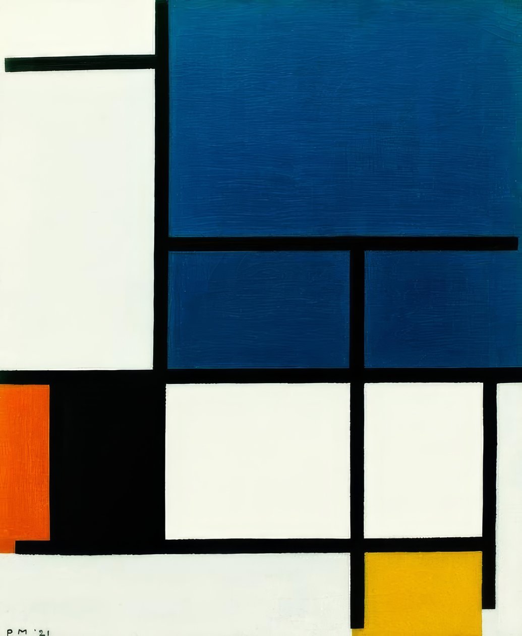 Koostumus mit großer blauer Fläche, Rot, Schwarz, Gelb un tekijältä Piet Mondrian
