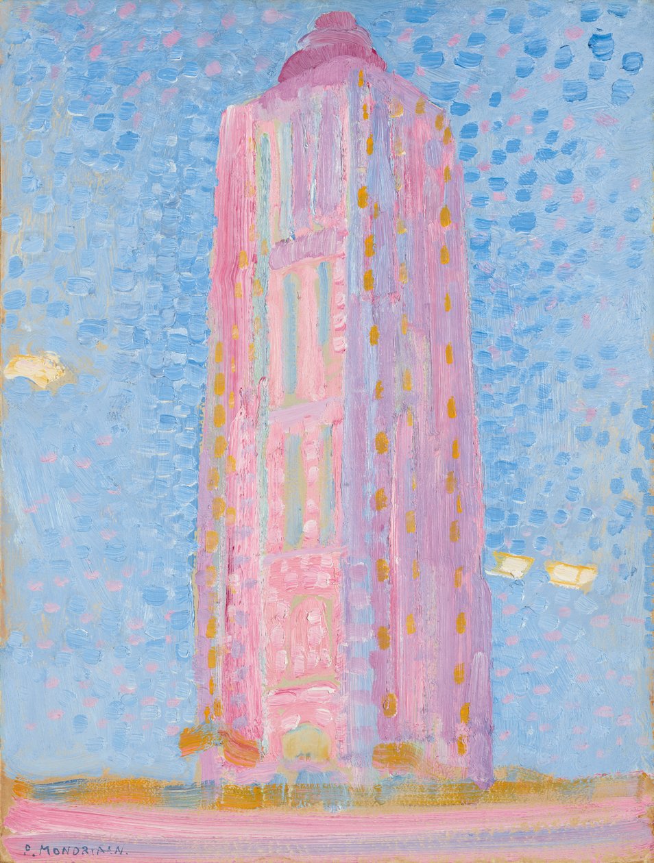 Majakka Westkapellessa Pinkissä, 1909 (öljy pahville) tekijältä Piet Mondrian