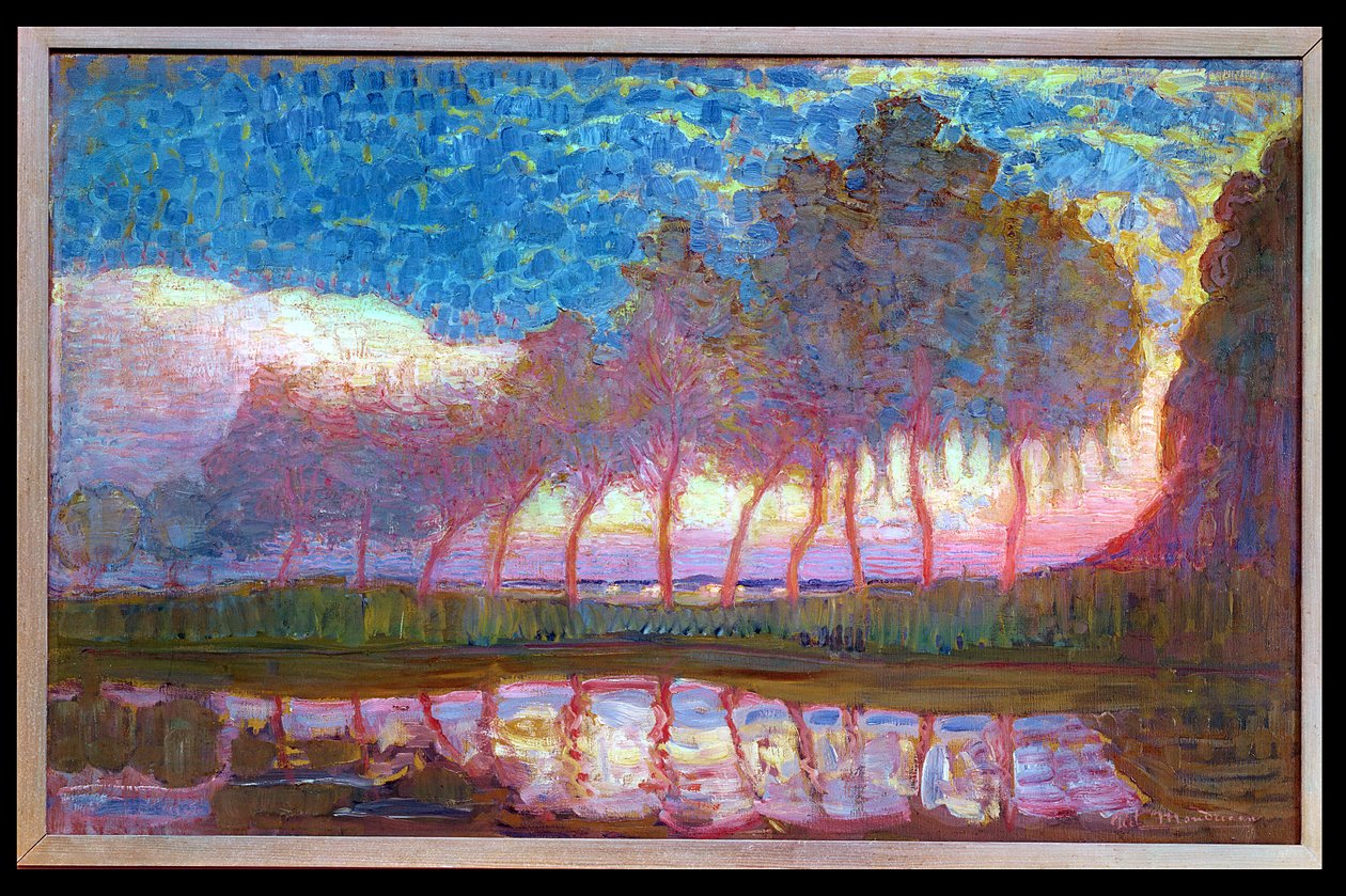 Yhdentoista poppelin rivi punaisena, keltaisena, sinisenä ja vihreänä, 1908 tekijältä Piet Mondrian