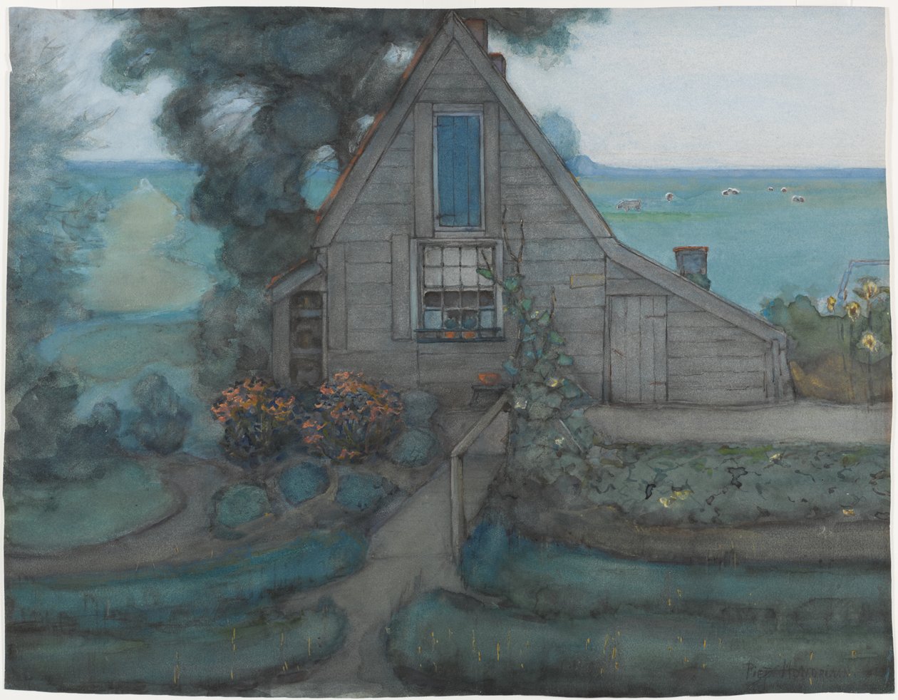 Kolmiomainen maalaistalon julkisivu polderilla sinisellä, n. 1900 (wc ja guassi paperilla) tekijältä Piet Mondrian