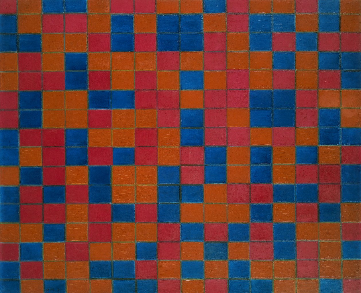 Tammilaudan koostumus tummilla väreillä tekijältä Piet Mondrian