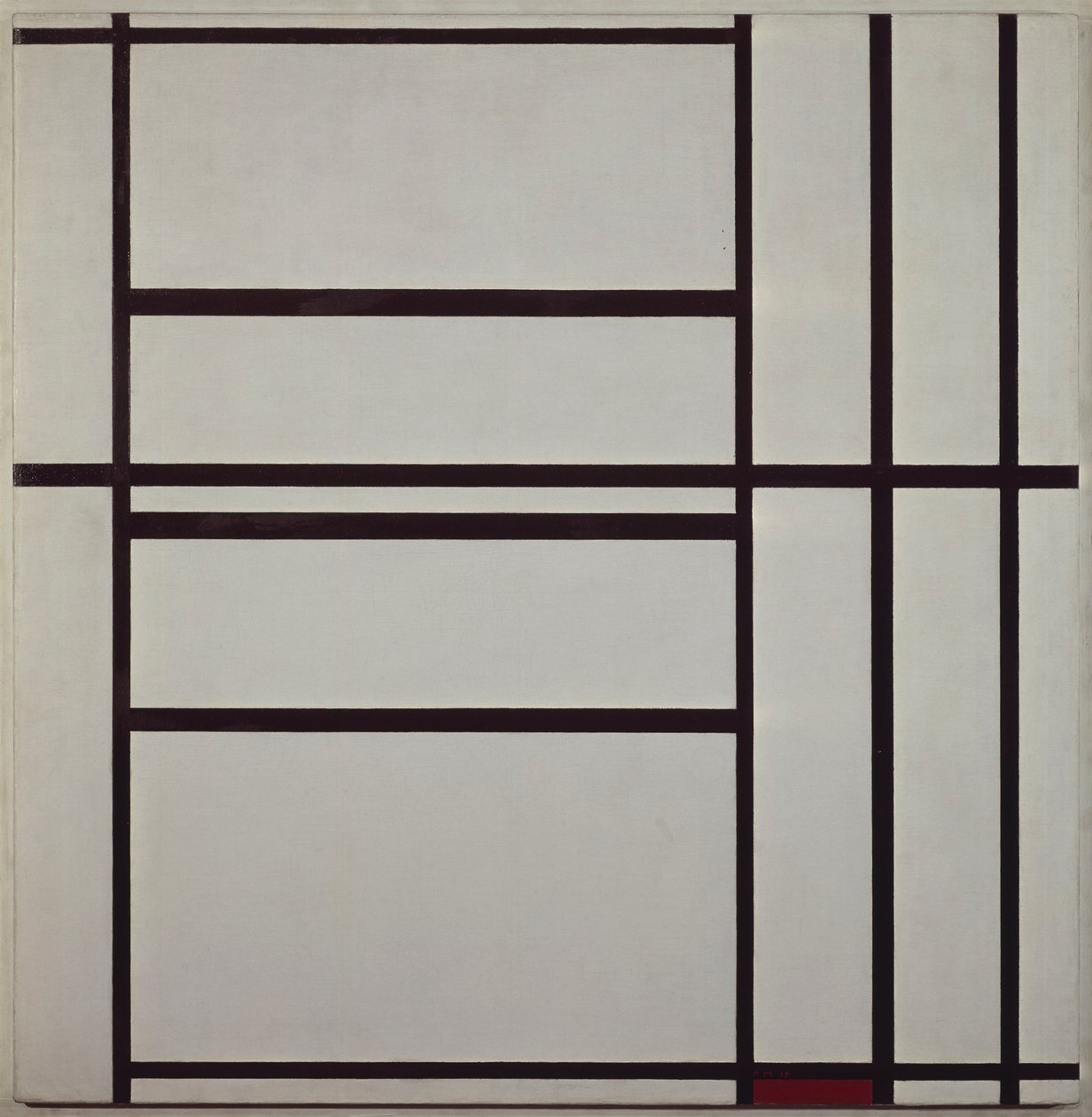 Koostumus nro 1 harmaalla ja punaisella 1938-1939 (öljy kankaalle kiinnitetty puukannattimeen), tekijältä Piet Mondrian