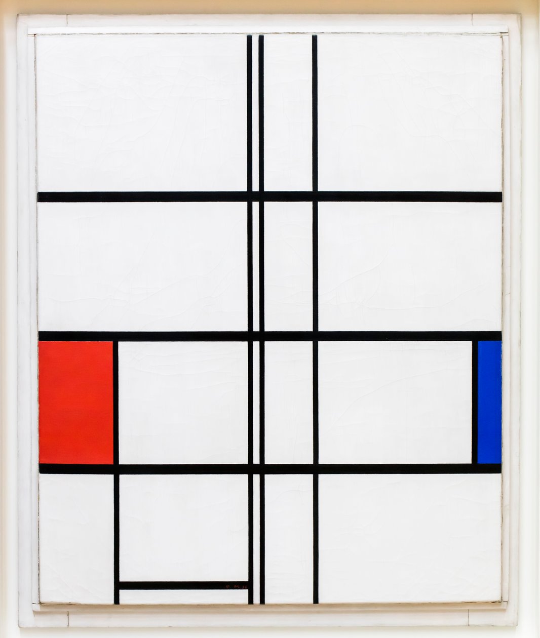 Kokoonpano valkoisena, punaisena ja sinisenä tekijältä Piet Mondrian