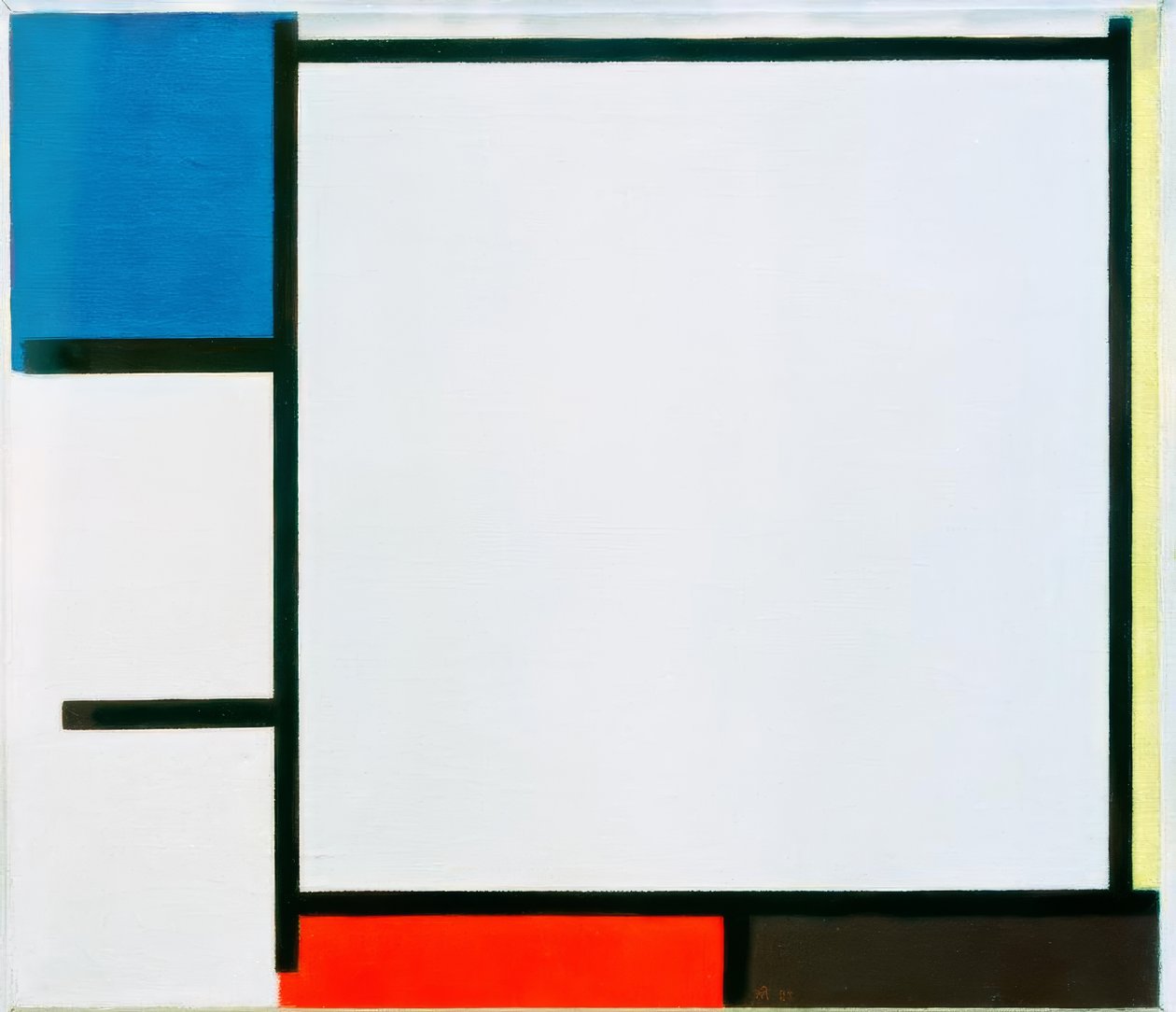 Koostumus sinisellä, keltaisella, punaisella, mustalla ja harmaalla. tekijältä Piet Mondrian