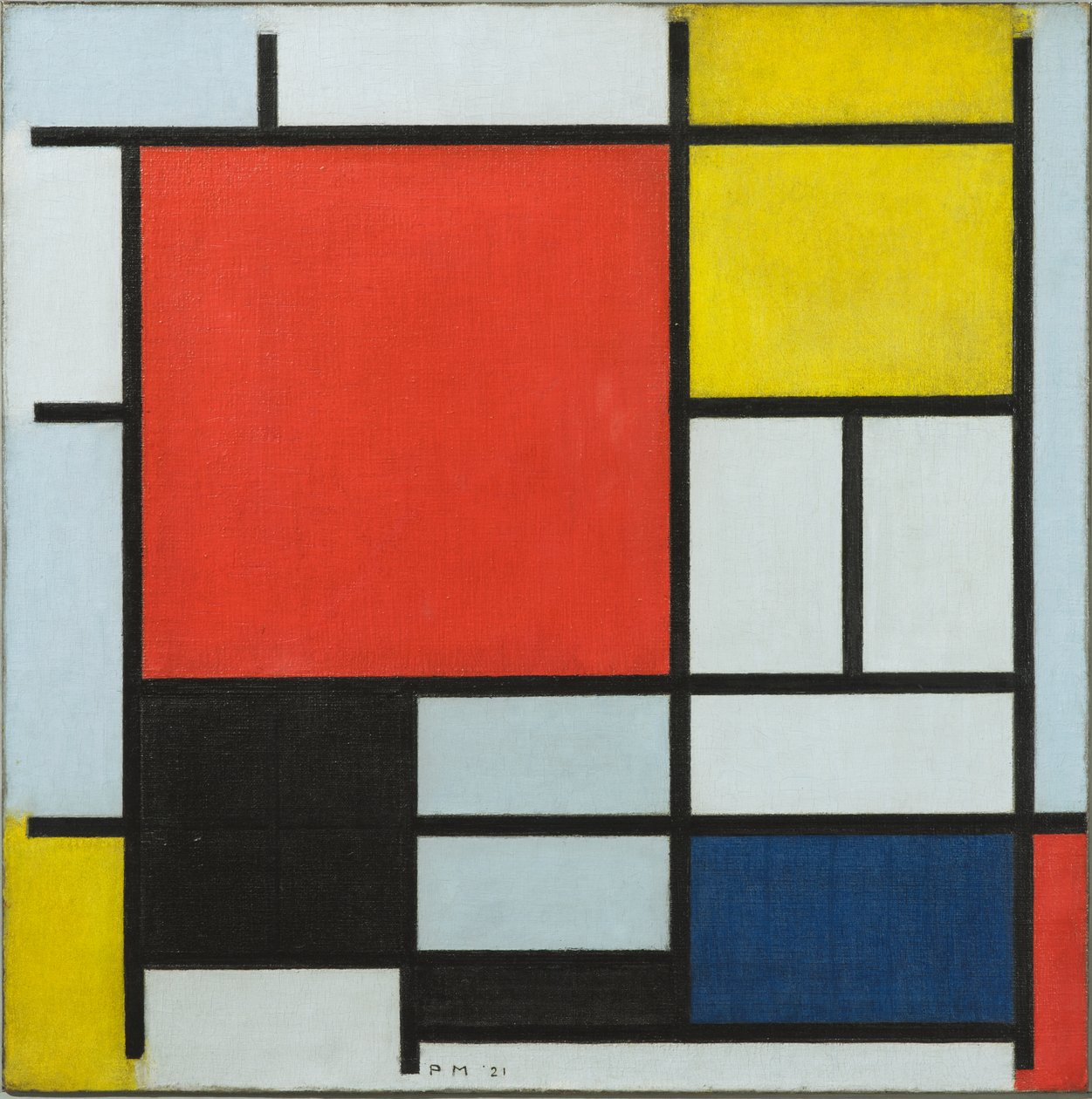 Kokoonpano, jossa suuri punainen taso, keltainen, musta, harmaa ja sininen, 1921 tekijältä Piet Mondrian