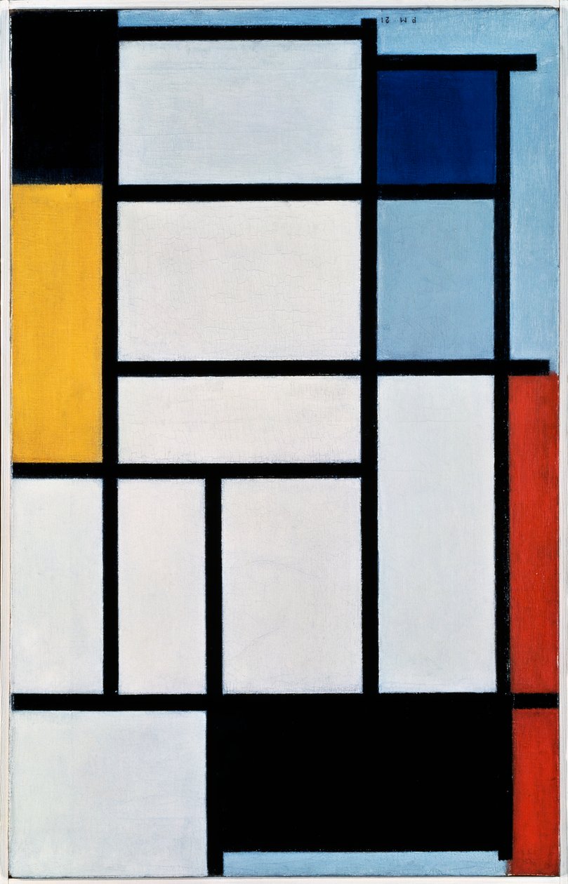 Koostumus punaisella, mustalla, keltaisella, sinisellä ja harmaalla tekijältä Piet Mondrian