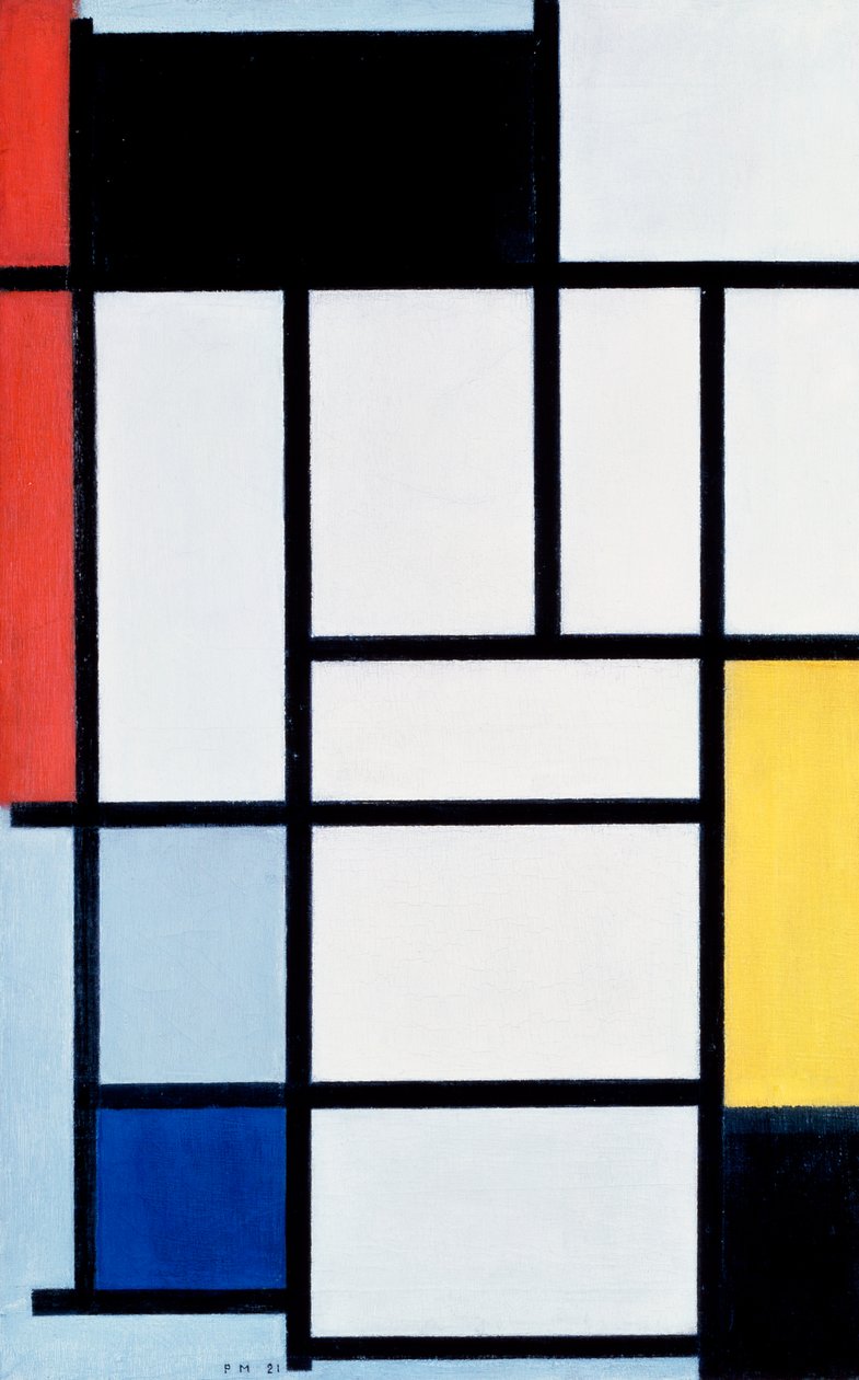 Koostumus punaisella, keltaisella ja sinisellä tekijältä Piet Mondrian