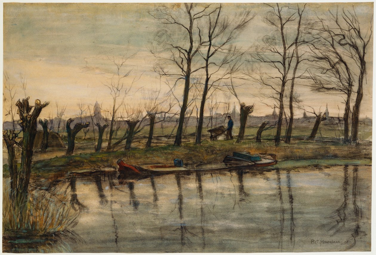 Farmer Returning to the Fields, n. 1900 (w/c ja hiili paperilla) tekijältä Piet Mondrian