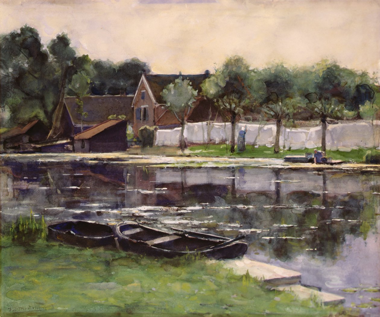 Maanviljelijän vaimot pyykin kanssa joen rajalla tekijältä Piet Mondrian