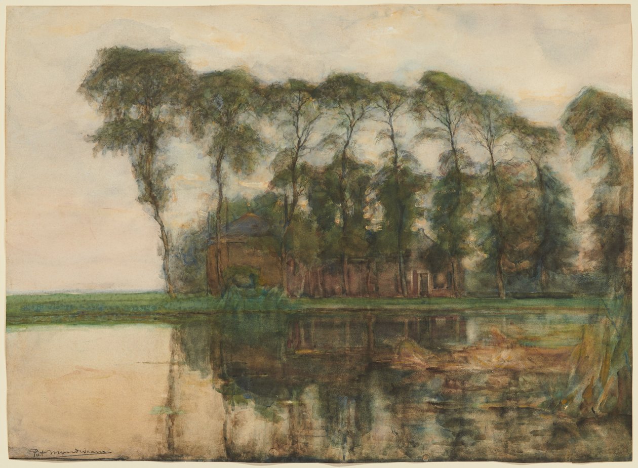 Yhdeksän korkean puun suojaama maatila veden äärellä tekijältä Piet Mondrian