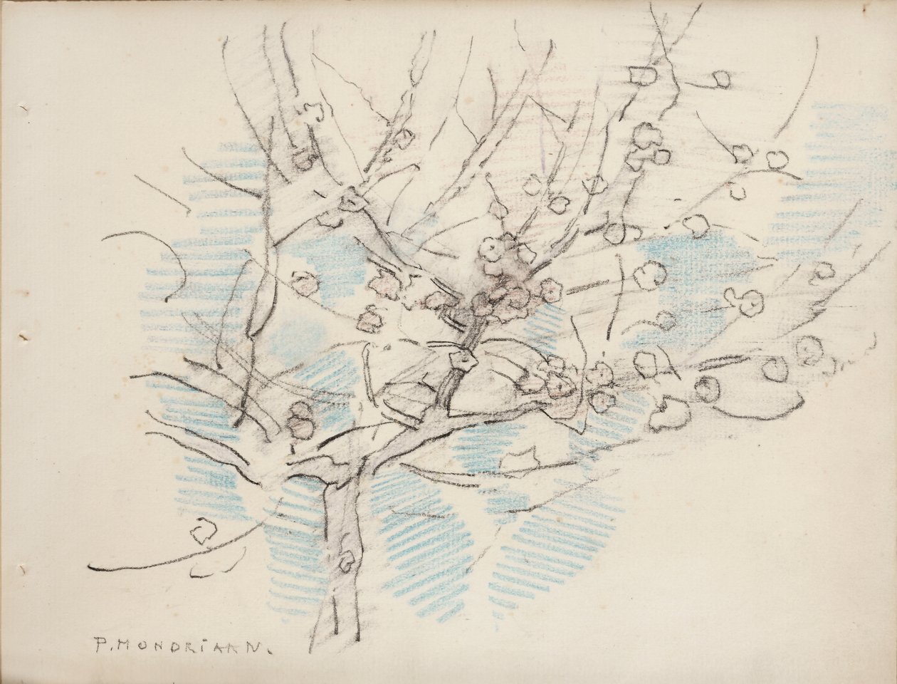 Kukkiva puu, n. 1917-1918 (kynä ja värikynä paperilla) tekijältä Piet Mondrian