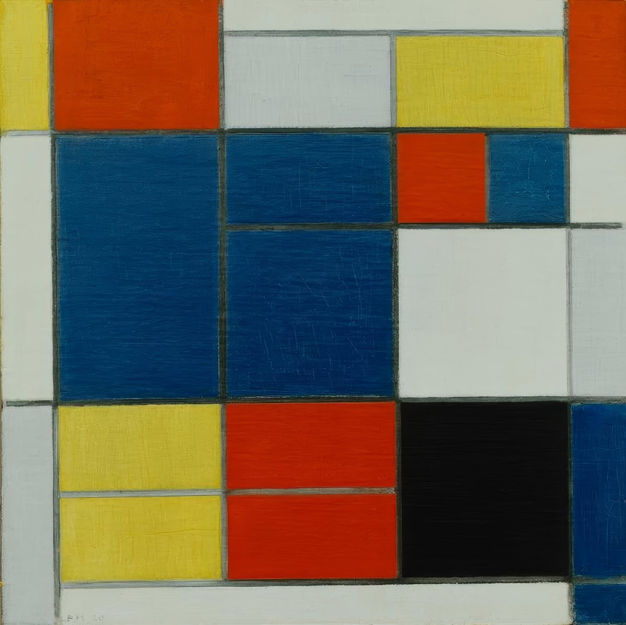 Koostumus C; koostumus, jossa on keltaista, punaista, siniharmaata, sinistä u tekijältä Piet Mondrian