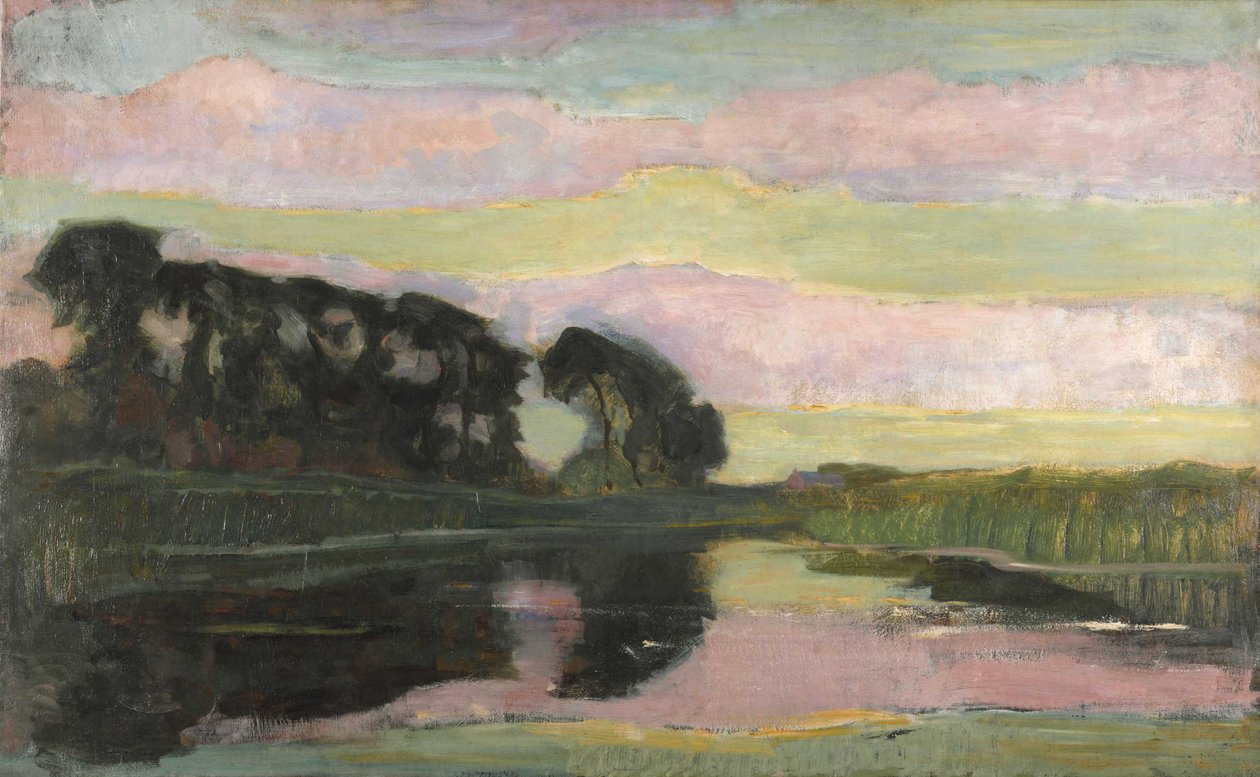 Jokimaisema vaaleanpunaisella ja keltavihreällä taivaalla, n. 1907-1908. tekijältä Piet Mondrian