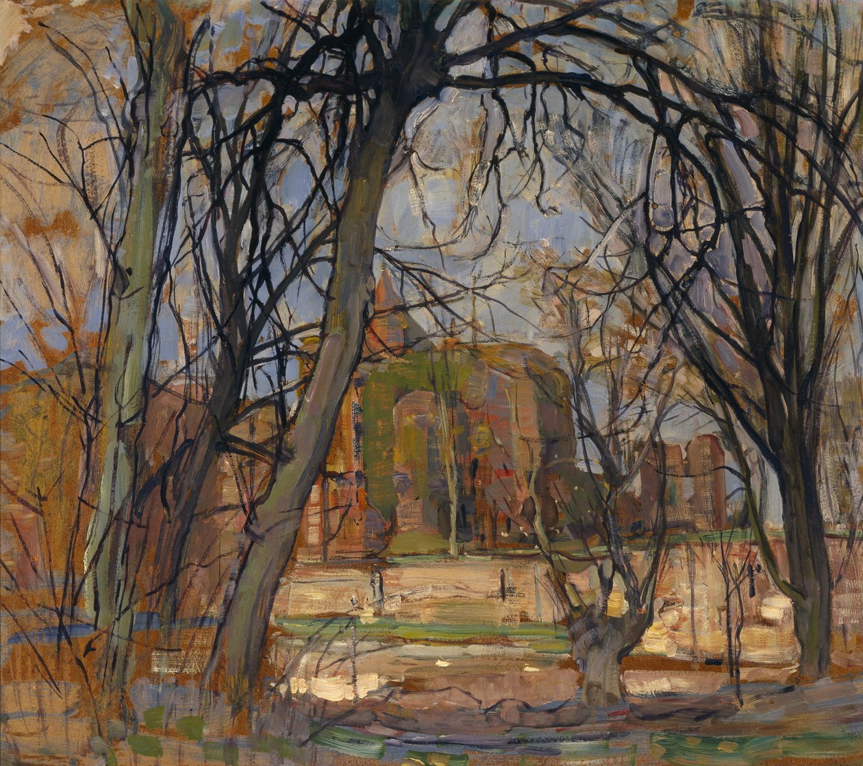 Kevätaurinko (Lentezon): Linnan raunio: Brederode, n. 1909-1910 (öljy masoniitille) tekijältä Piet Mondrian