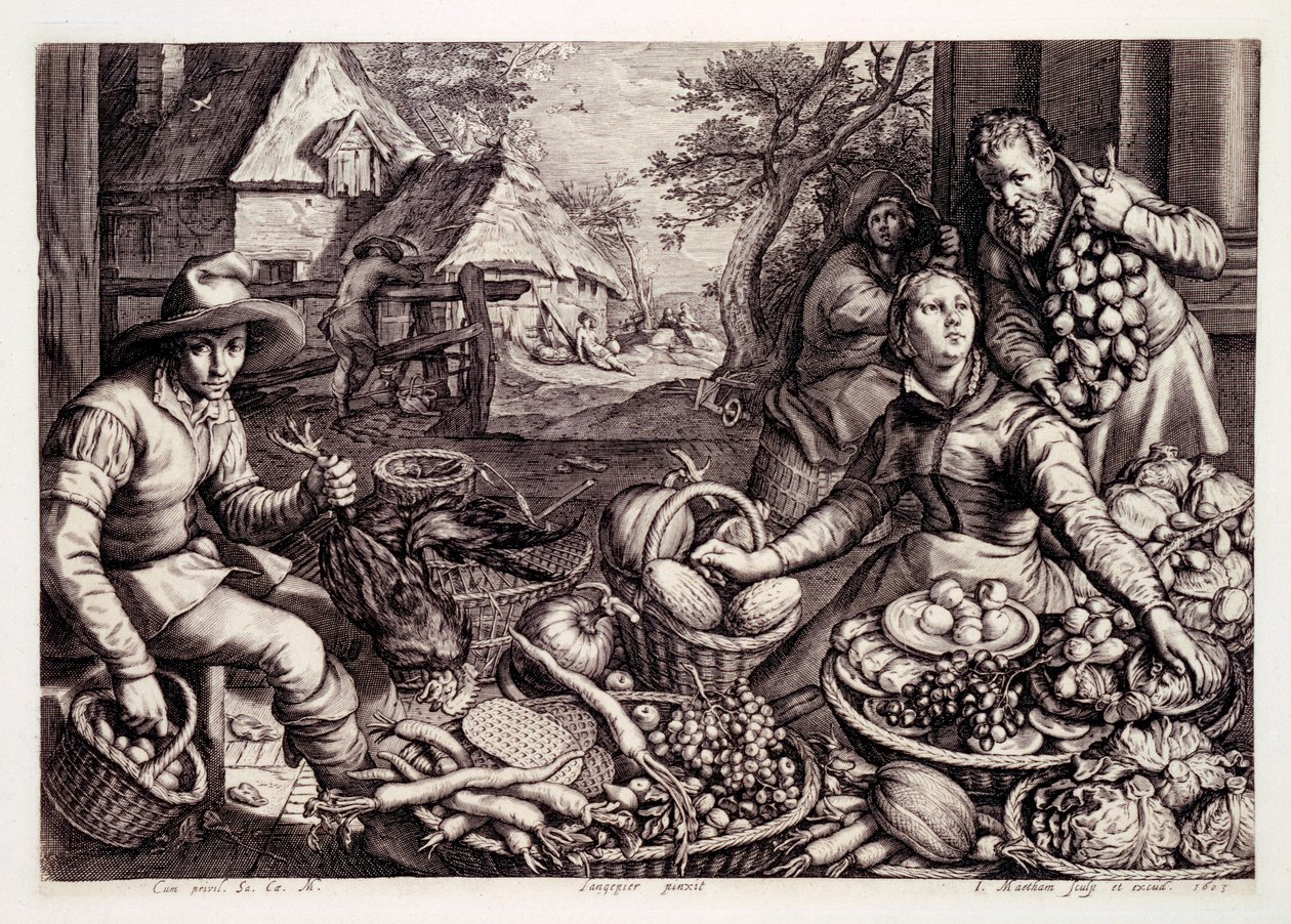 Autumn Produce and Game, vedoksen teki Jacob Matham, 1603 tekijältä Pieter Aertsen