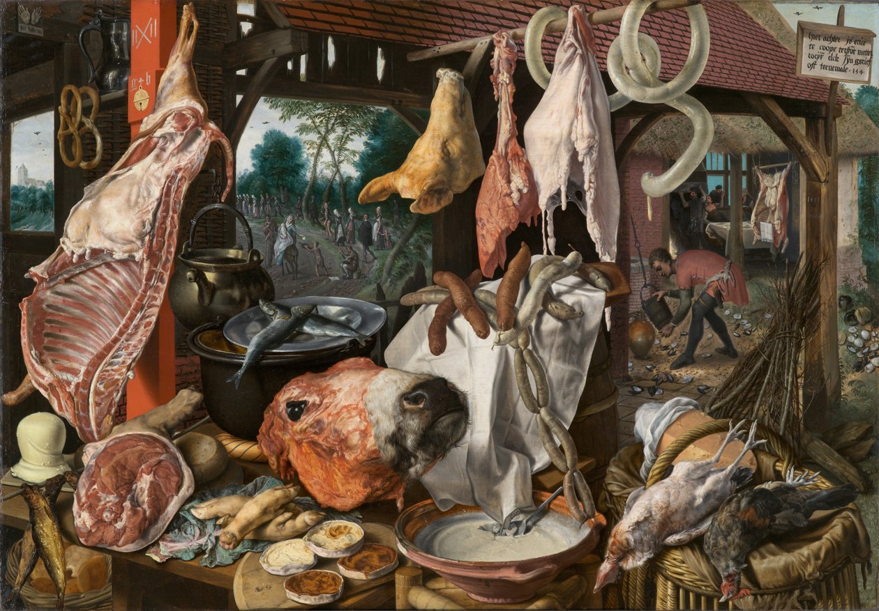 Asetelma lihan ja pyhän perheen kanssa tekijältä Pieter Aertsen