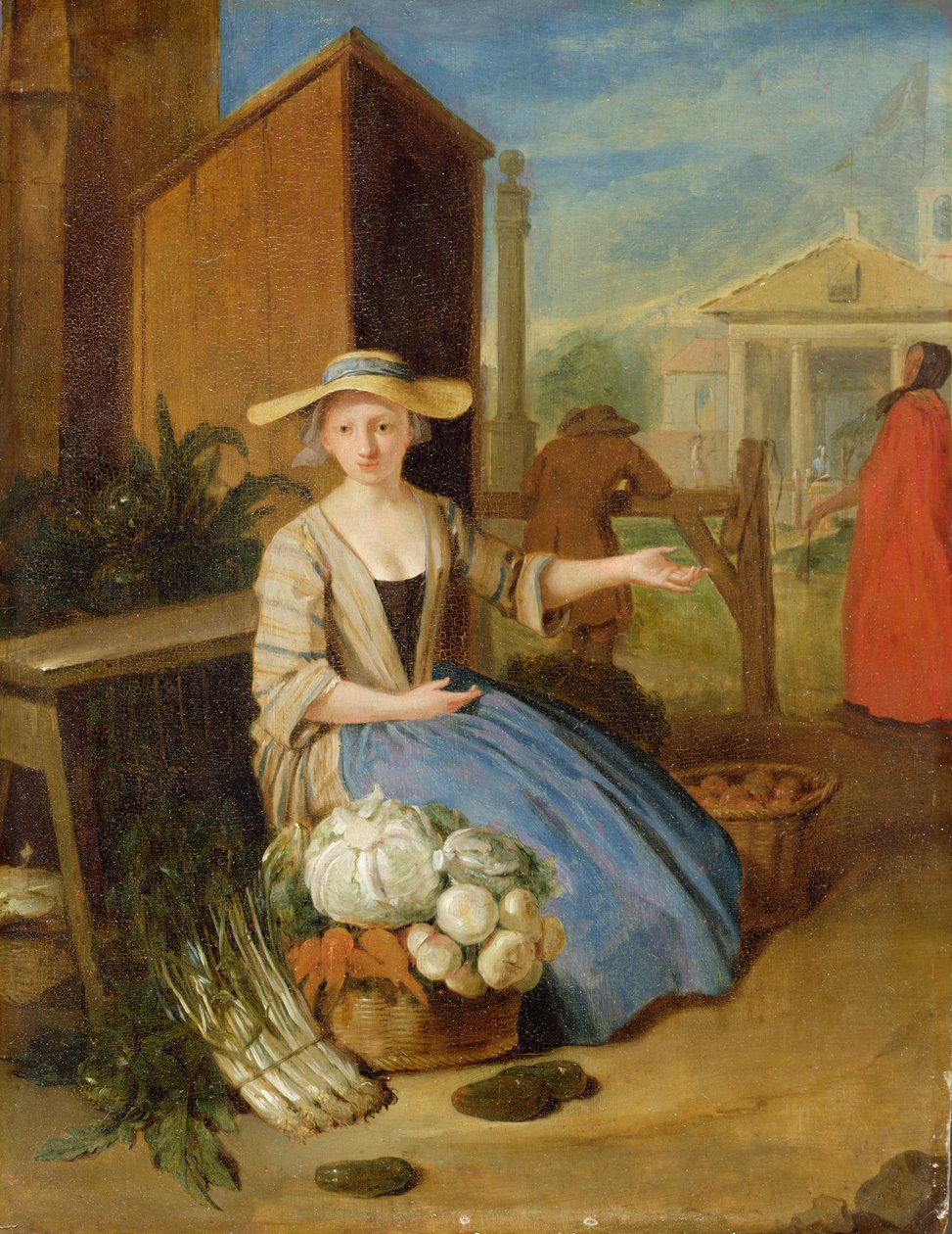 Vihannesmyyjä, Covent Garden, n. 1726 tekijältä Pieter Angillis