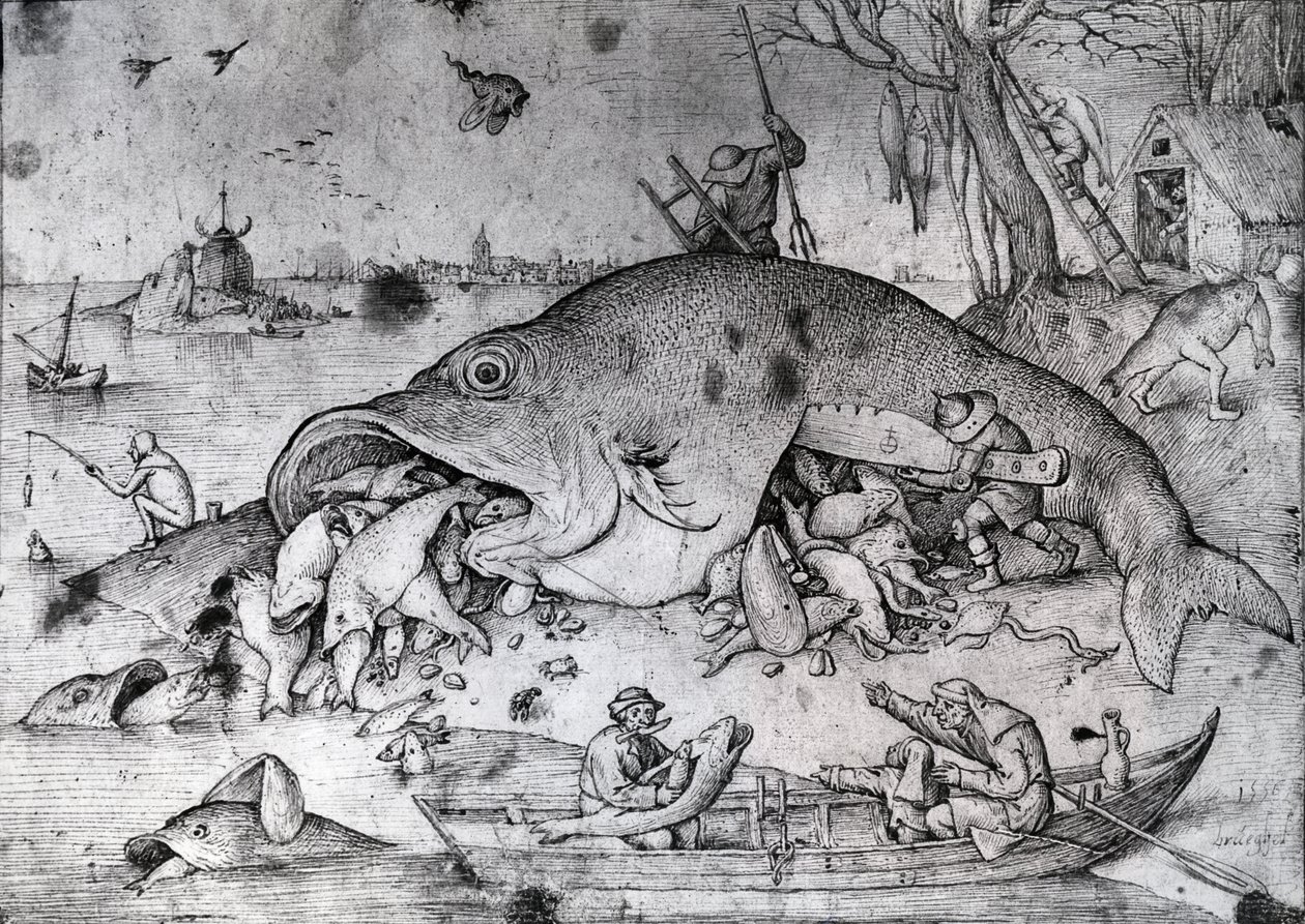 Suuret kalat syövät pieniä, 1556 (kynä ja muste paperille) tekijältä Pieter Bruegel the Elder