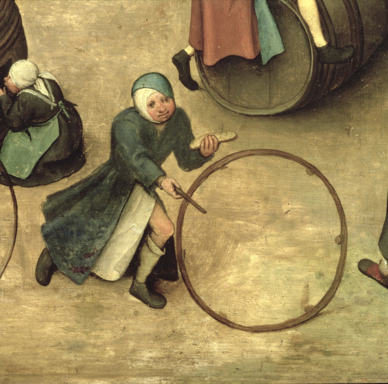 Lasten pelit (Kinderspiele): yksityiskohta lapsesta kepillä ja vanteella, 1560 (yksityiskohta 68945) tekijältä Pieter Bruegel the Elder