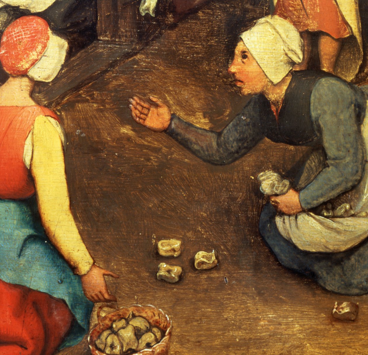 Lasten leikkejä (Kinderspiele): yksityiskohta rystysluiden heittopelistä, 1560 (yksityiskohta kuvasta 68945) tekijältä Pieter Bruegel the Elder