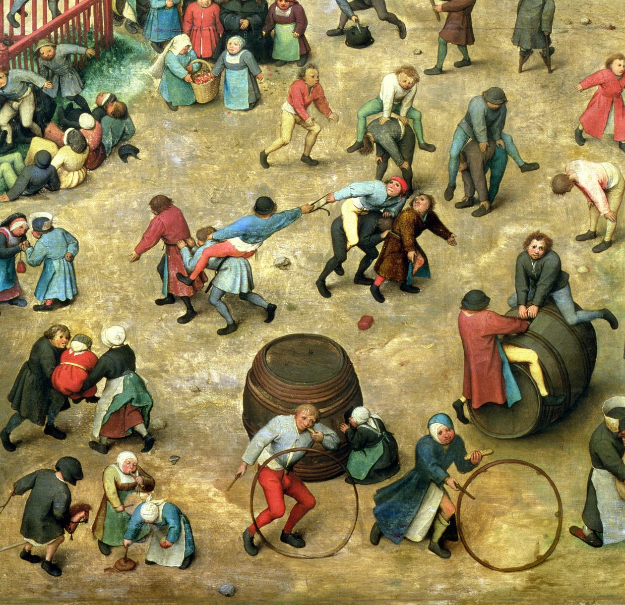 Lasten pelit (Kinderspiele): alaosan yksityiskohta, jossa näkyy erilaisia pelejä, 1560 (68945 yksityiskohta) tekijältä Pieter Bruegel the Elder