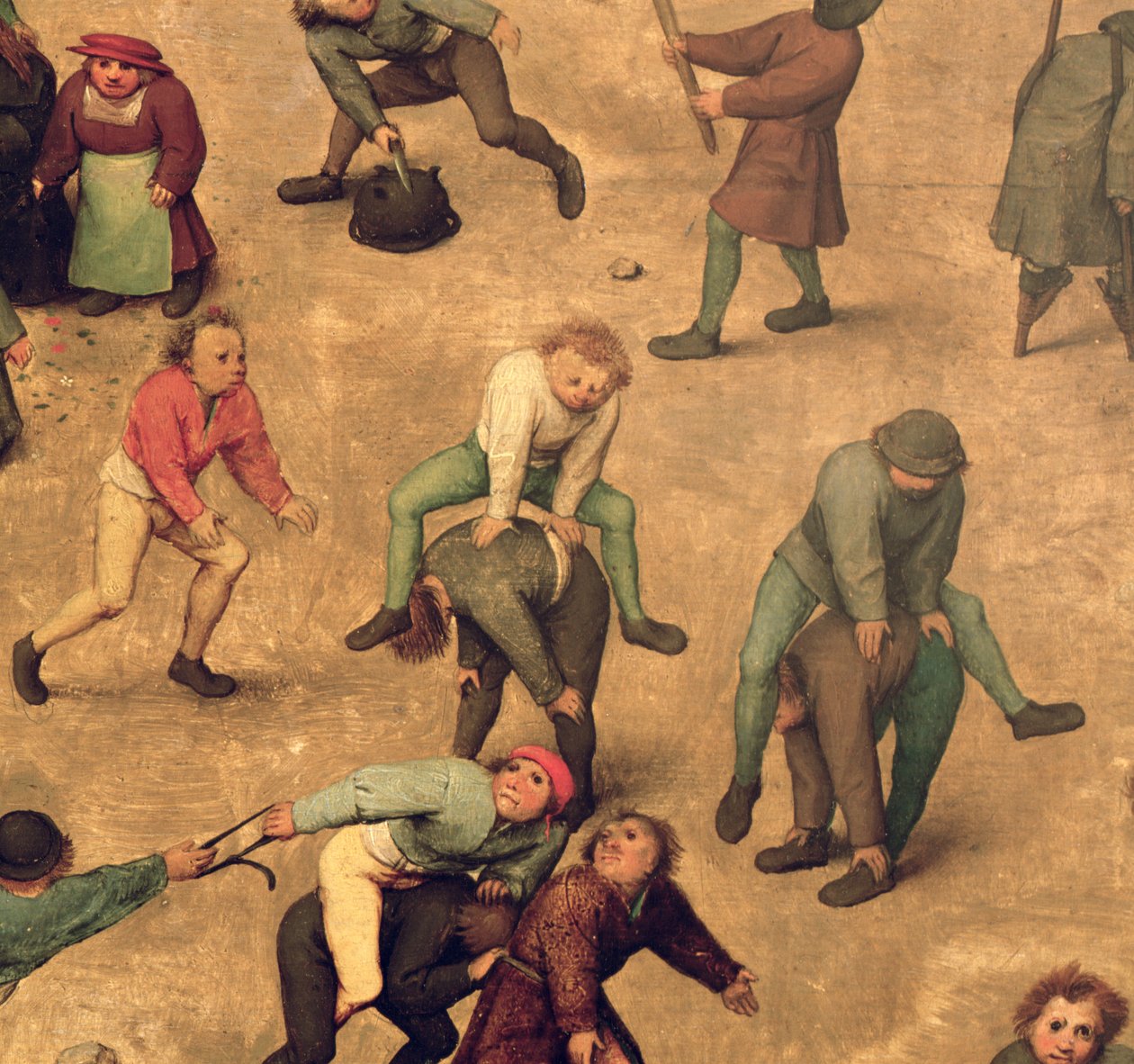 Lasten pelit (Kinderspiele): yksityiskohta lapsista leikkimässä sammakkoa, 1560 (68945:n yksityiskohta) tekijältä Pieter Bruegel the Elder